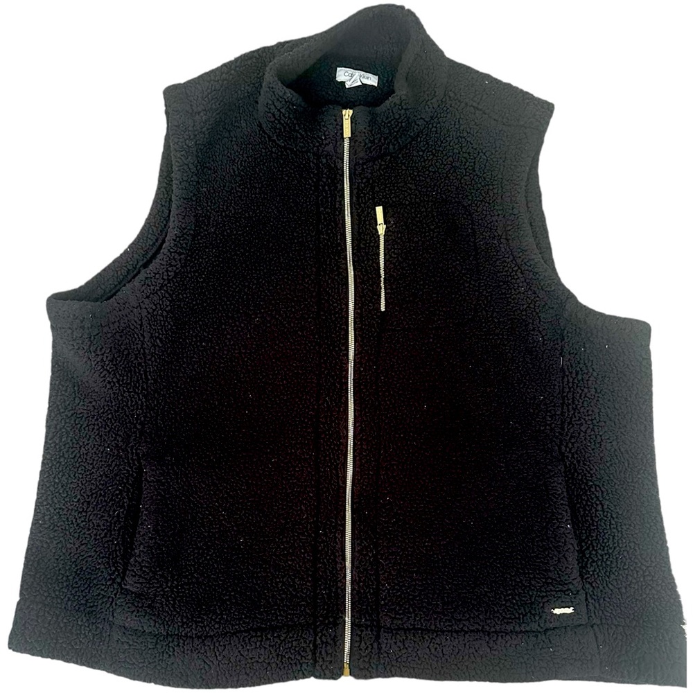 CALVIN KLEIN Faux Sherpa Vest Size 2XL Solid Black Pockets Zip Front Fleece